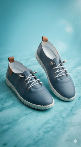 İndigo Rengi Hakiki Deri Sneaker Ayakkabı