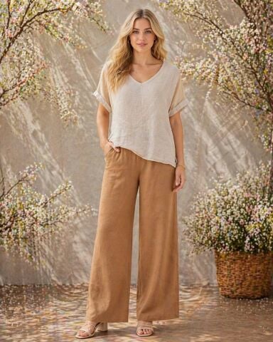 İtalyan Bej Rengi Keten Vual Kısa Kollu  Tunik