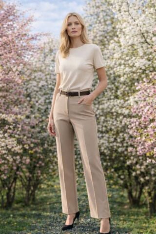 Bej Rengi Kalın Likralı Boru Paça Pantolon