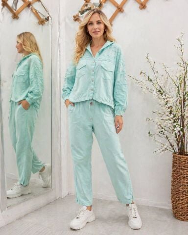 İtalyan  Mint Rengi Glaseli Kapşonlu   Cotton Mont