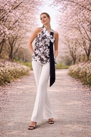 Siyah Beyaz Saten Omuz Esprili Bluz