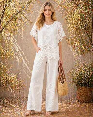 İtalyan  Beyaz İş Bol Paça Pantalon