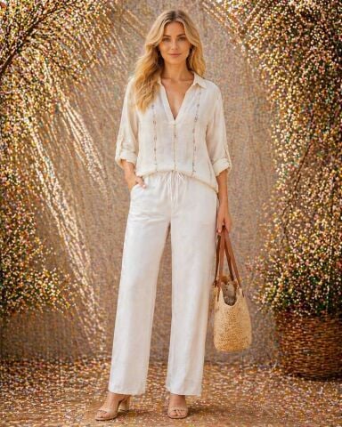 İtalya Keten İnce Çizgili  Yakalı Kısa Kollu Gömlek