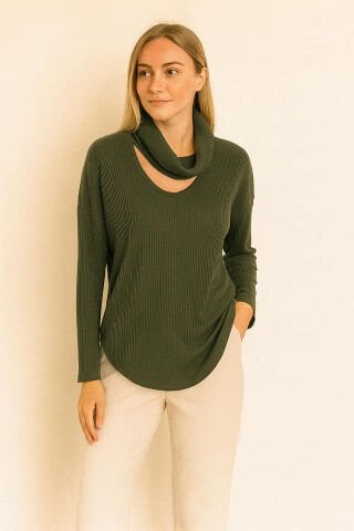 Haki Degaje Yaka  Pencereli Yollu Triko Tunik