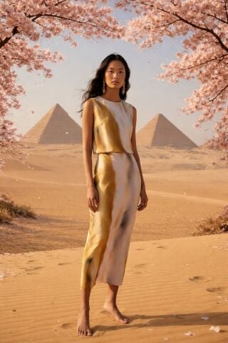 Saten Hardal Desenli Drapeli Uzun Elbise