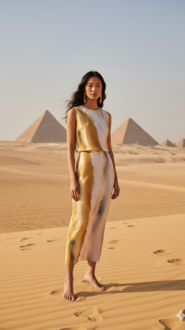 Saten Hardal Desenli Drapeli Uzun Elbise