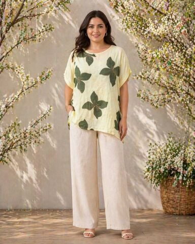 İtalyan Sarı Üstünde Yonca Desenli  Keten Tünik