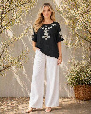 İtalyan Keten Siyah  Üstü Etnik İşlemeli Tünik