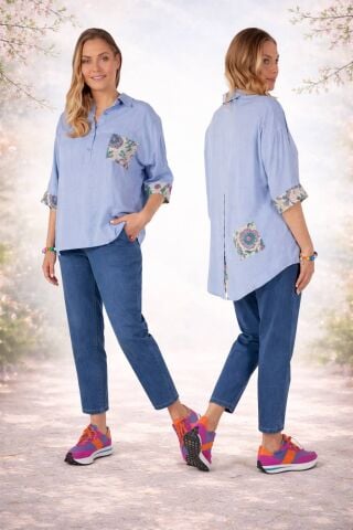 Büyük Beden Mavi  Desenli Cepleri olan Salaş Viskon  Gömlek