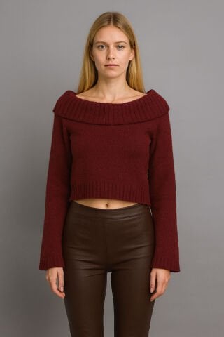 Bordo Kayık Yaka Likralı Triko