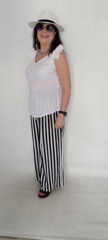 Büyük Beden Siyah Çizgili Viskon Beli Lastikli Pantalon