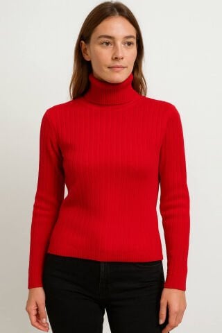 Kırmızı Dik Yaka  Likralı Triko Kazak(Kopya)