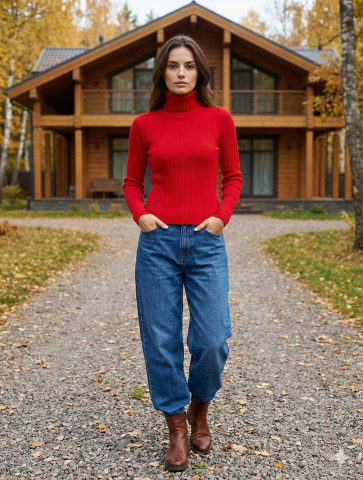 Kırmızı Dik Yaka Likralı Kazak