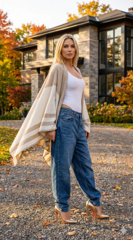 Kemik Bej Çizgili Triko Panço