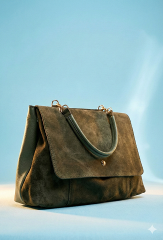 Haki Hakiki Deri & Süet Garnili Kapaklı Çanta