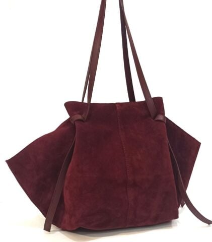 Bordo Hacimli Hakiki  Deri Suet  Çift Saplı Çanta