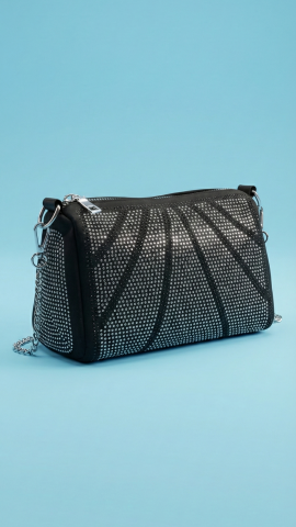 Siyah Tümü Taşlı Tombul Gece Çantası – Uzun Askılı