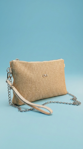 Bej Hasır Örme Fermuarlı Portföy Çanta