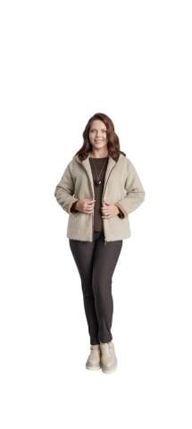 Bej Rengi Tüylü Kumaş Kapşonlu  Fermuarlı Kaban