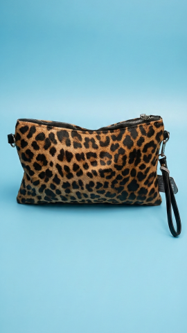 Siyah & Kamel Leopar Desenli Fermuarlı Portföy Çanta