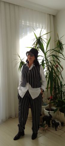 Büyük Beden Siyah Beyaz Çizgili  Beli  Lastikli Pantalon Yelek Takım