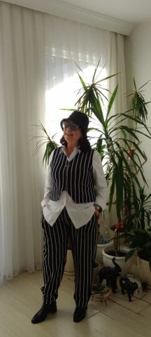 Büyük Beden Siyah Beyaz Çizgili  Beli  Lastikli Pantalon Yelek Takım