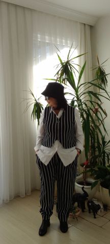 Büyük Beden Siyah Beyaz Çizgili  Beli  Lastikli Pantalon Yelek Takım