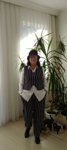 Büyük Beden Siyah Beyaz Çizgili  Beli  Lastikli Pantalon Yelek Takım