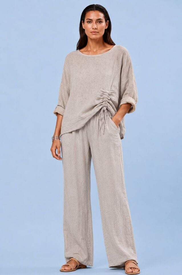 İnce Keten Bej Rengi Yanı Büzgülü  Pantalon Takım