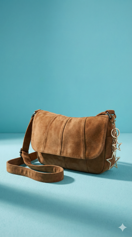 Hakiki Deri Süet Aksesuarlı Taba Rengi Çanta