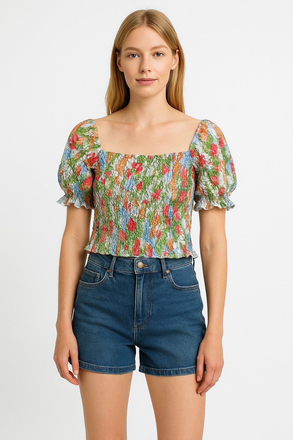 Çiçekli Gipeli Kısa Kollu Kısa Bluz
