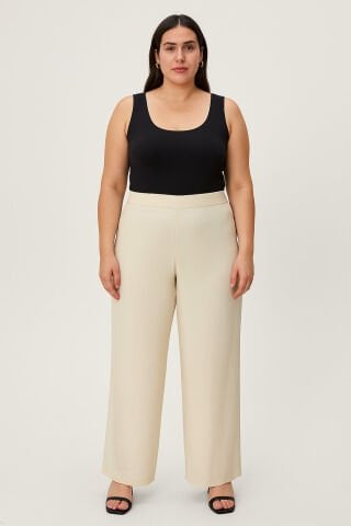 Kemik Rengi Dökümlü Kumaş Bol paça Pantalon
