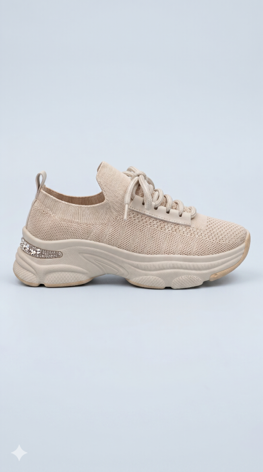 Bej Rengi File Platformlu  Arkası Taşlı  Sneakers