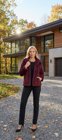 Bordo Yakalı  Tüylu  Kumaş Kaban