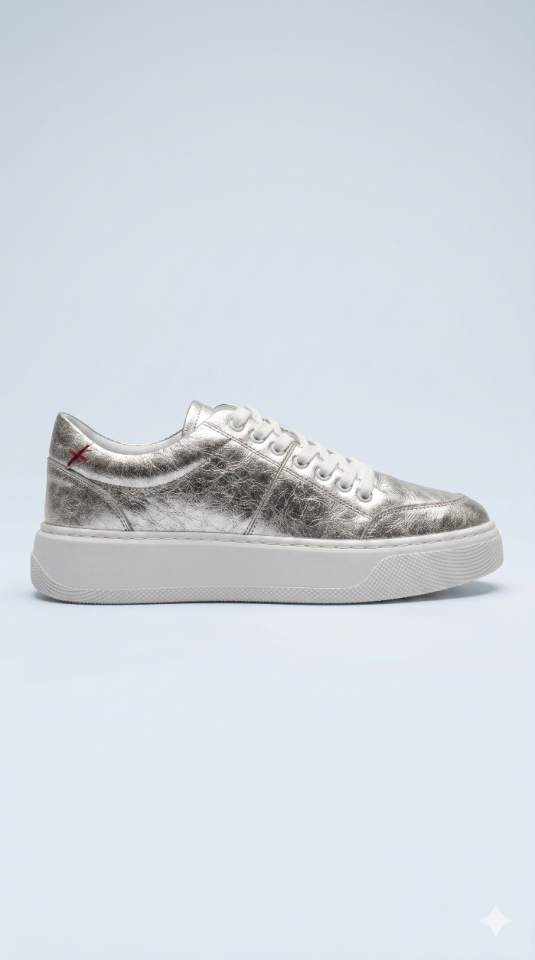 Gümüş Rengi Hakiki Deri Ortopedi Tabanlı Sneakers