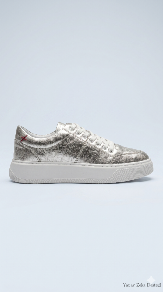 Gümüş Rengi Hakiki Deri Ortopedi Tabanlı Sneakers