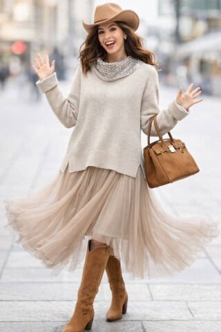 İtalyan Bej Rengi Üstü Triko Kazak Altı Askılı Tül Etekli Elbise