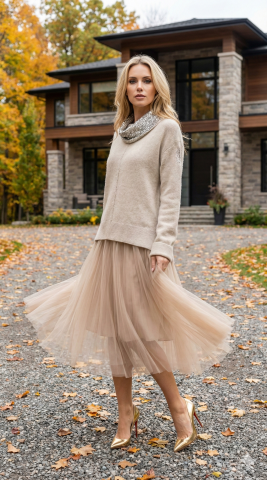 İtalyan Bej Rengi Üstü Triko Kazak Altı Askılı Tül Etekli Elbise