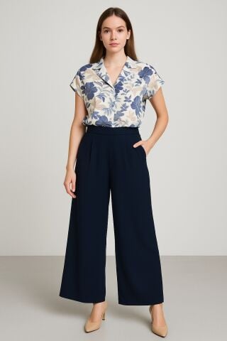 İtalyan Viskon Lacivert Beli Lastikli Bol Paça Pantalon