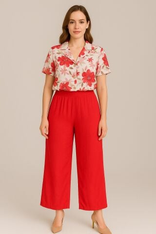 İtalyan Keten Kırmızı Beli Lastikli Bol Paça Pantalon