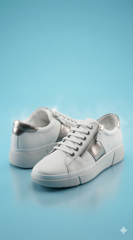 Beyaz Gümüş Garnili Hakiki Deri Ortopedi Taban Sneakers