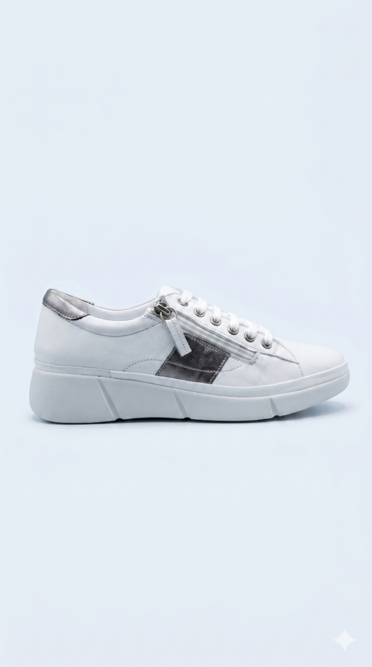 Beyaz Gümüş Garnili Hakiki Deri Ortopedi Taban Sneakers