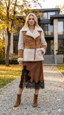 Hakiki Napa Deri Kürklü Camel Rengi Kaban