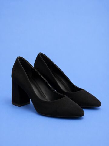 Siyah Hakiki Süet Kalın Topuklu Stiletto