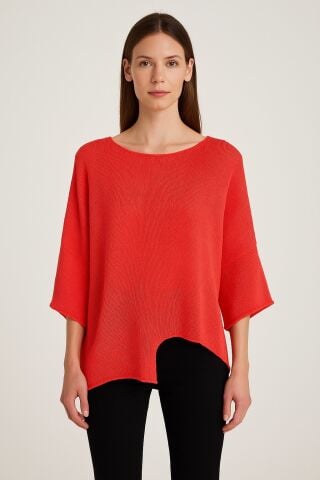 Mercan Rengi Asimetri Merserize İtalyan  Triko Bluz