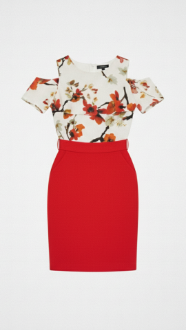 Mercan Rengi Üstü Desenli Elbise