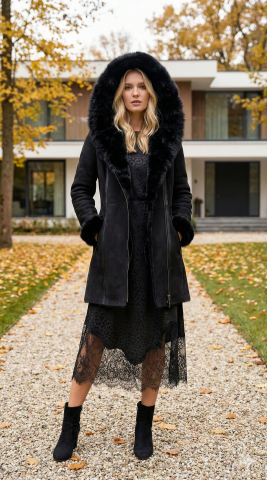 Siyah Hakiki  Napa İçi Kürklü Diz Üstü Kaban