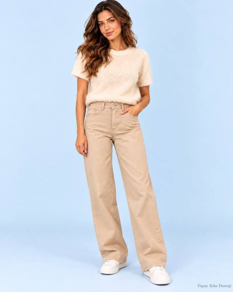 Jean Bej Rengi Boru Paça Büyük Beden Pantalon