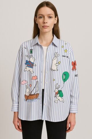 Mavi Çizgili Keten İtalyan Üstünde Aplikeleri olan Gömlek Ceket