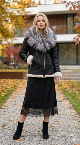 Siyah Deri İçi Kürklü Yakası Yoğun Tüylü Kaban